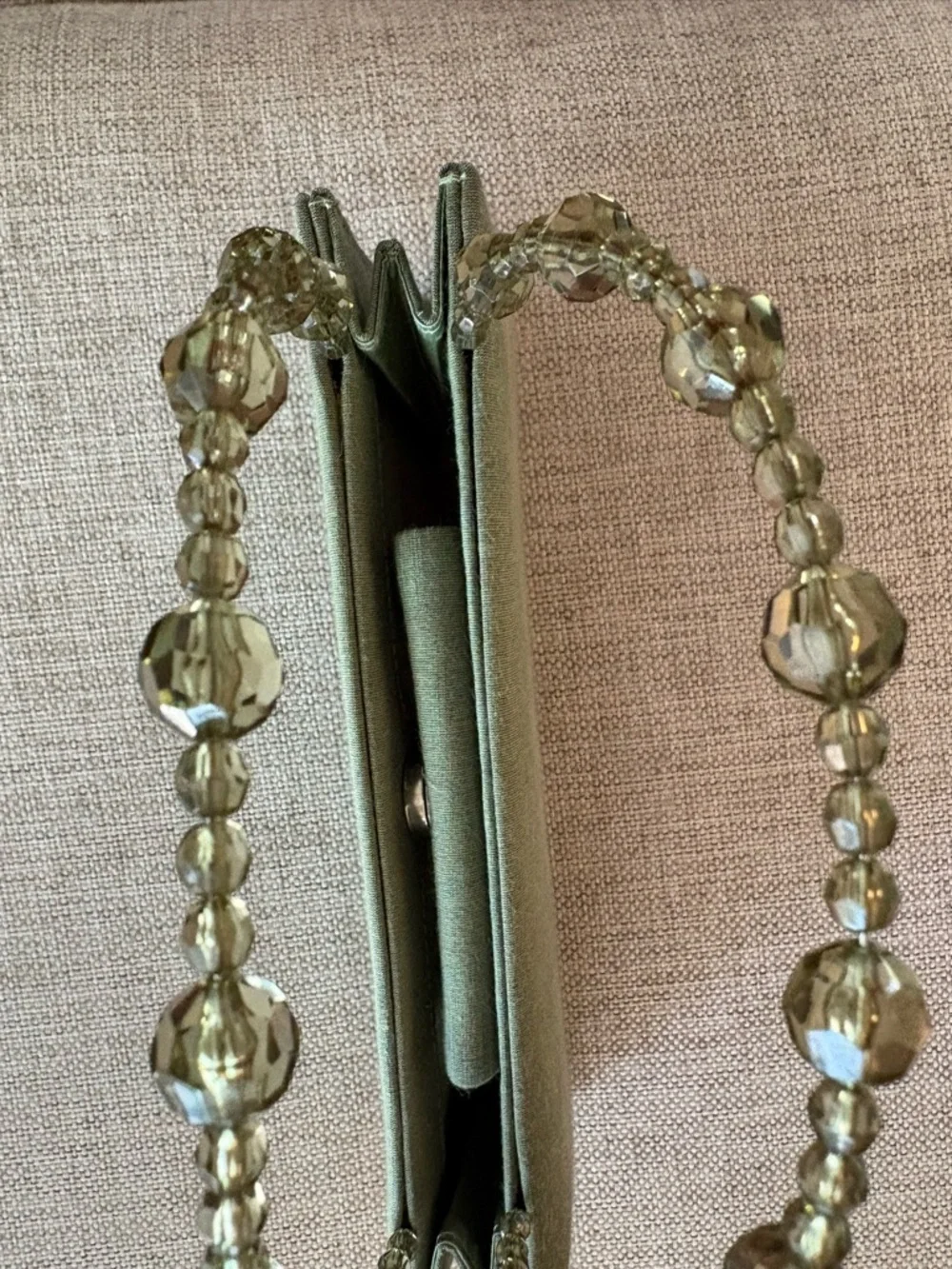 Talbots Sage Green Linen Silk Mini Bag Beaded Handle Structured Evening Clutch - Picture 8 of 10